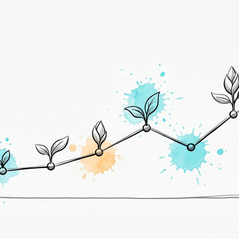 Hand-drawn line chart trending upward with small sprouting leaves growing larger at each plotted point and one gentle dip, symbolising non-linear progress in therapy over time, in cyan and apricot watercolour