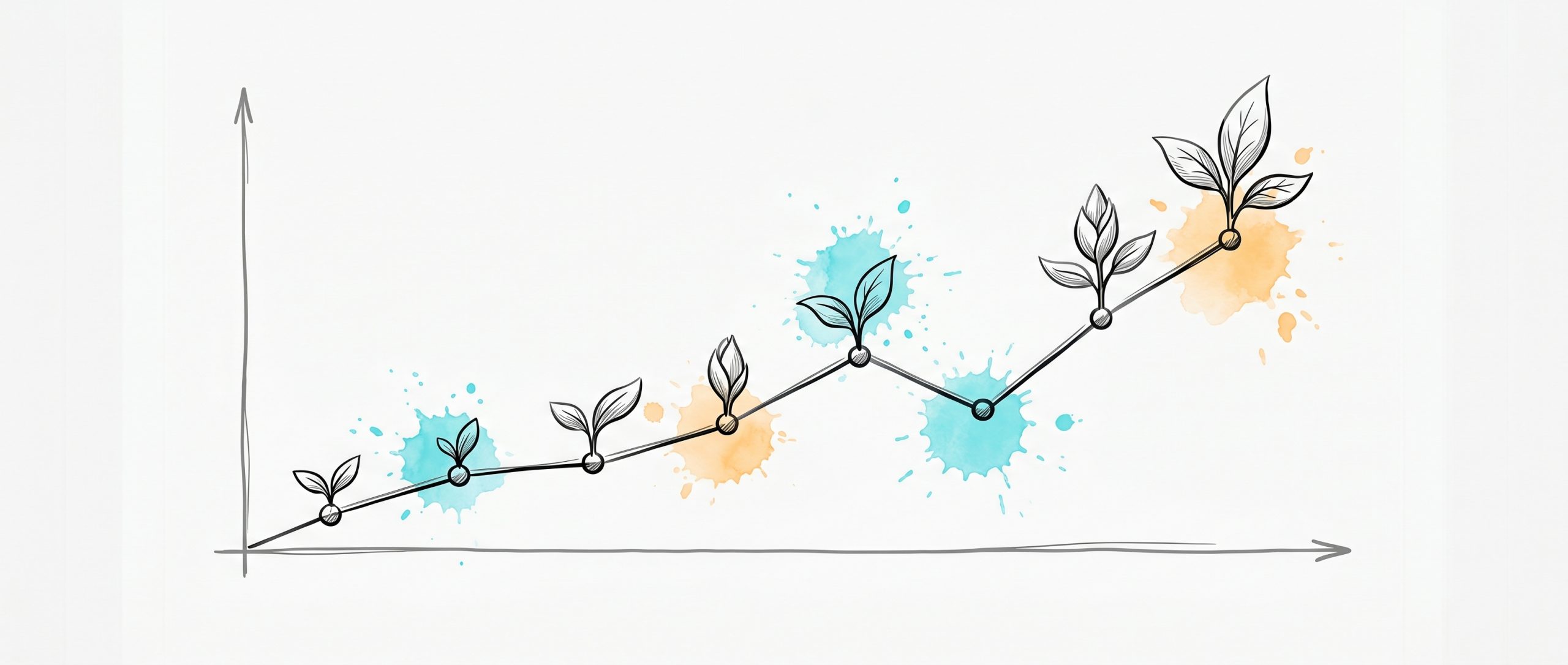 Hand-drawn line chart trending upward with small sprouting leaves growing larger at each plotted point and one gentle dip, symbolising non-linear progress in therapy over time, in cyan and apricot watercolour