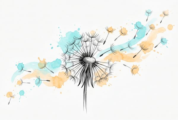 Hand-drawn ink and watercolour illustration of a dandelion releasing its seeds on a soft breath-current, in cyan and apricot — a calm metaphor for breathing out tension during a panic attack