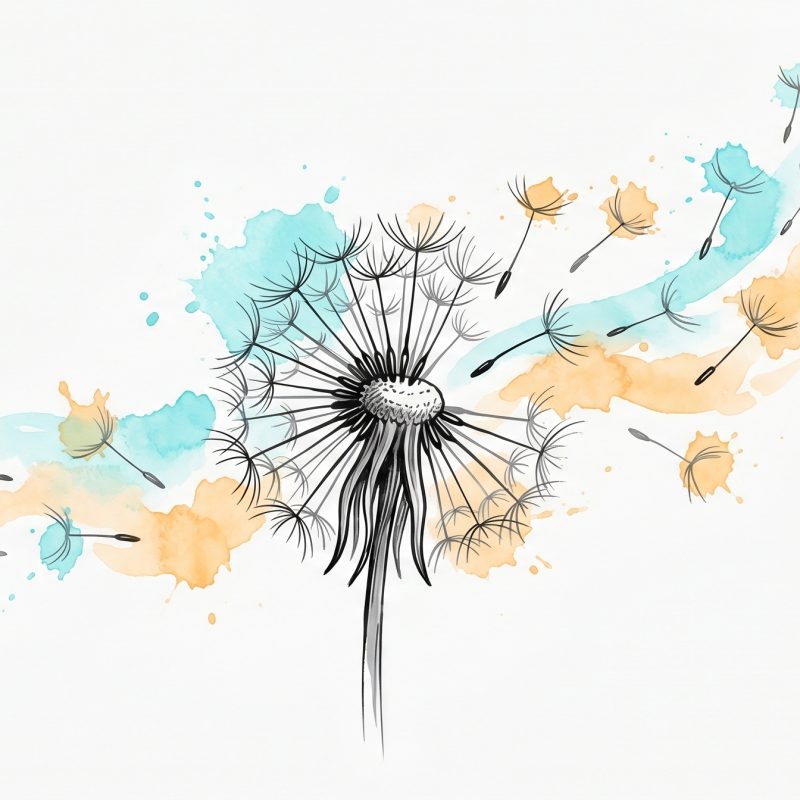 Hand-drawn ink and watercolour illustration of a dandelion releasing its seeds on a soft breath-current, in cyan and apricot — a calm metaphor for breathing out tension during a panic attack