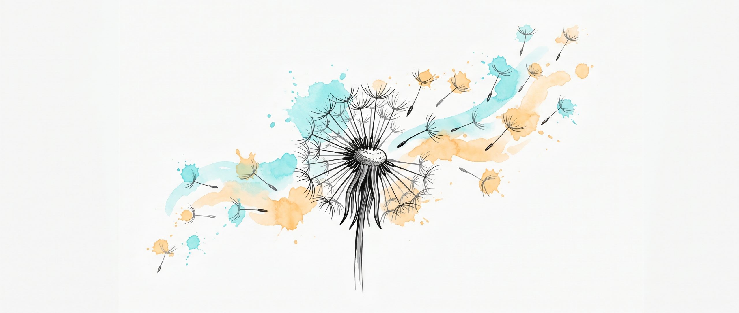Hand-drawn ink and watercolour illustration of a dandelion releasing its seeds on a soft breath-current, in cyan and apricot — a calm metaphor for breathing out tension during a panic attack