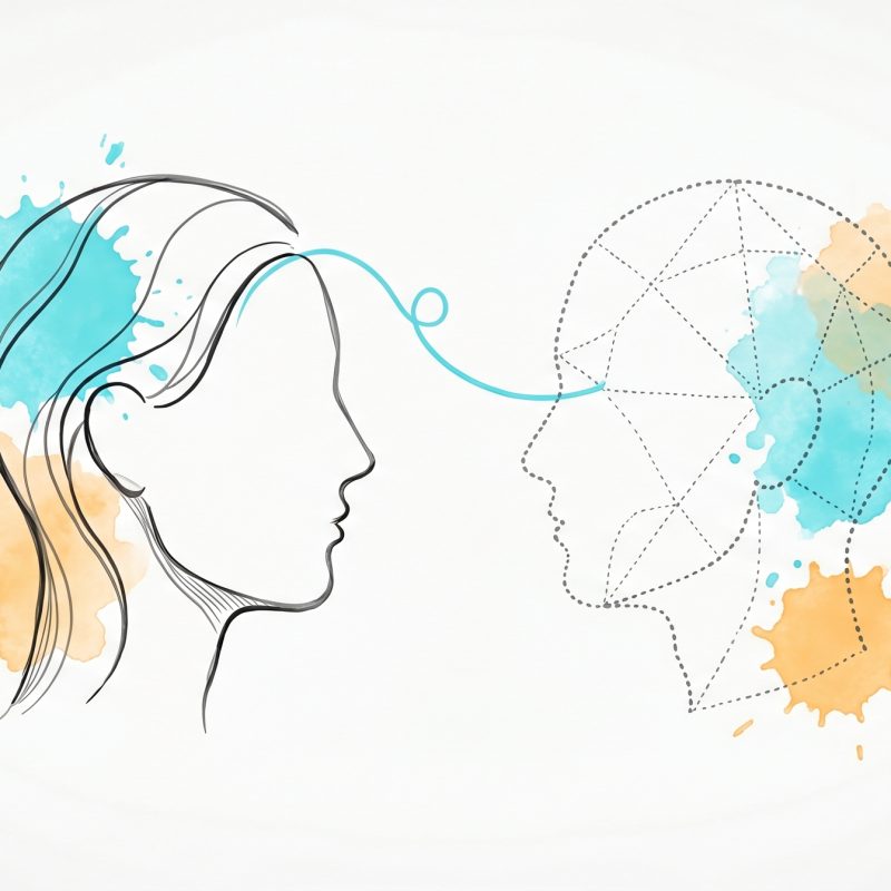 Hand-drawn ink illustration of an organic human head profile facing a geometric AI head profile joined by a cyan thread, symbolizing AI versus human coaching, with cyan and apricot watercolour splashes