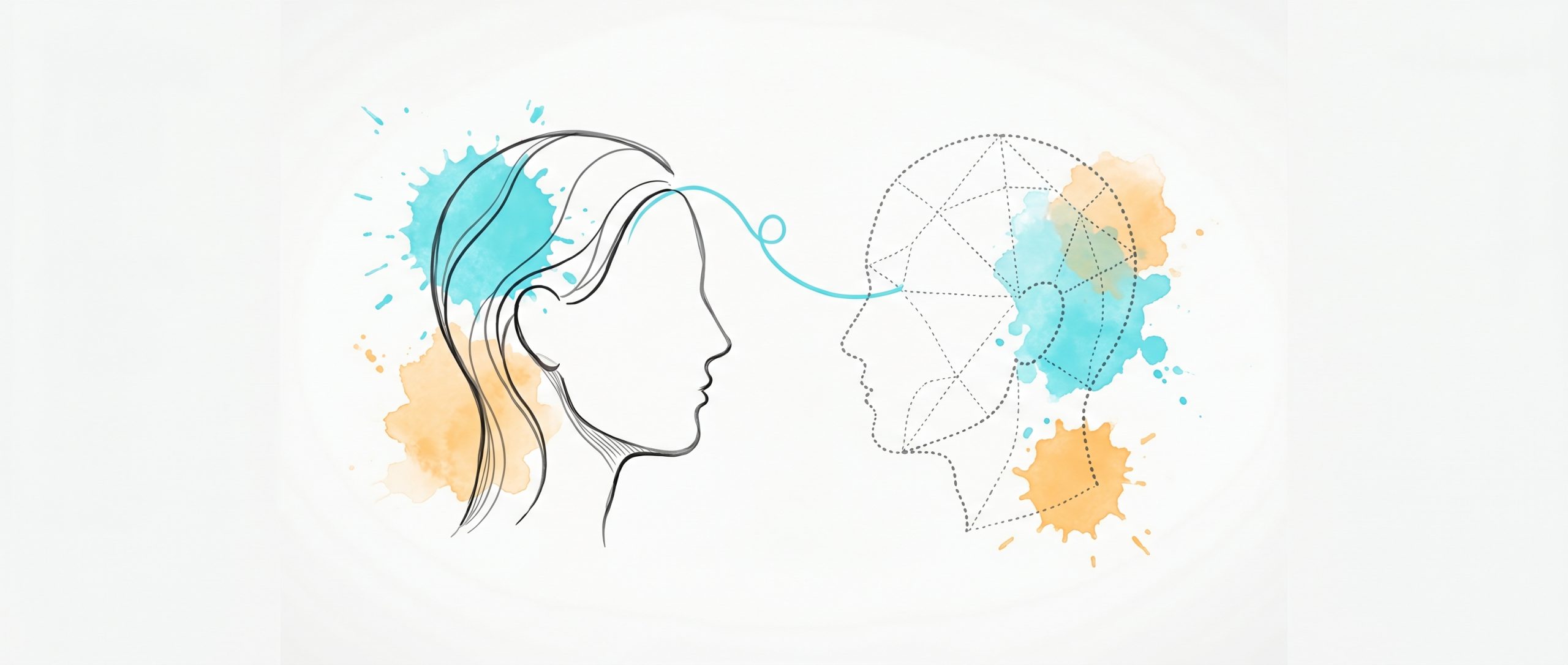 Hand-drawn ink illustration of an organic human head profile facing a geometric AI head profile joined by a cyan thread, symbolizing AI versus human coaching, with cyan and apricot watercolour splashes