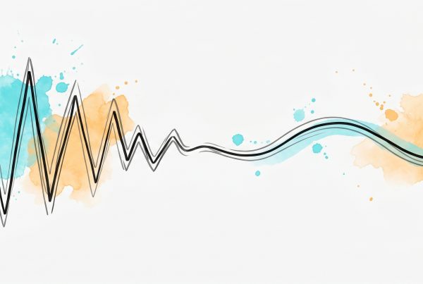 Hand-drawn ink illustration of a jagged anxious line easing into a calm wave, symbolizing anxiety relief supported by evidence, with cyan and apricot watercolour splashes