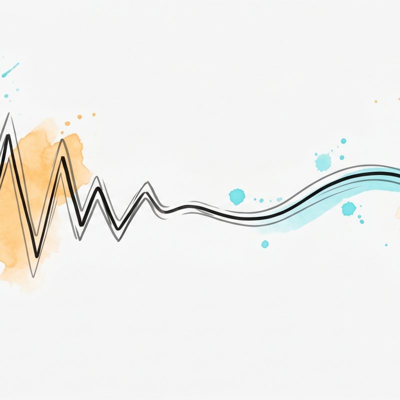 Hand-drawn ink illustration of a jagged anxious line easing into a calm wave, symbolizing anxiety relief supported by evidence, with cyan and apricot watercolour splashes