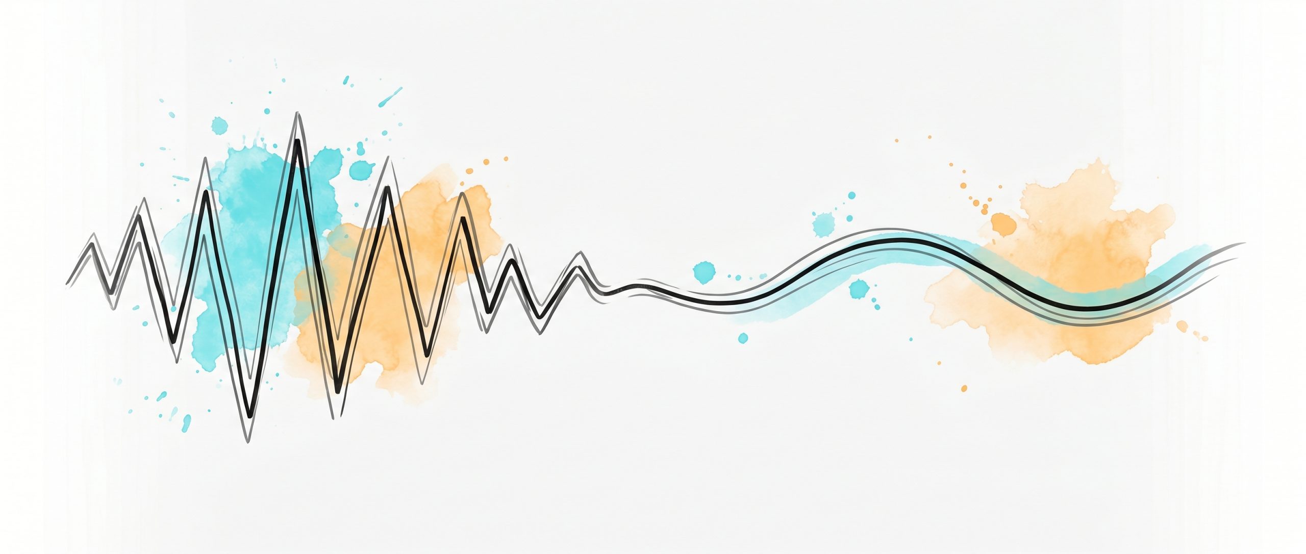 Hand-drawn ink illustration of a jagged anxious line easing into a calm wave, symbolizing anxiety relief supported by evidence, with cyan and apricot watercolour splashes