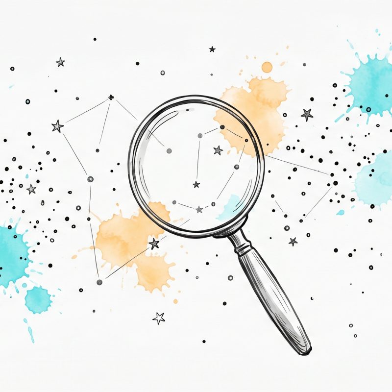 Hand-drawn ink illustration of a magnifying glass finding a faint constellation among scattered dots and stars, symbolizing apophenia and pattern recognition, with cyan and apricot watercolour splashes