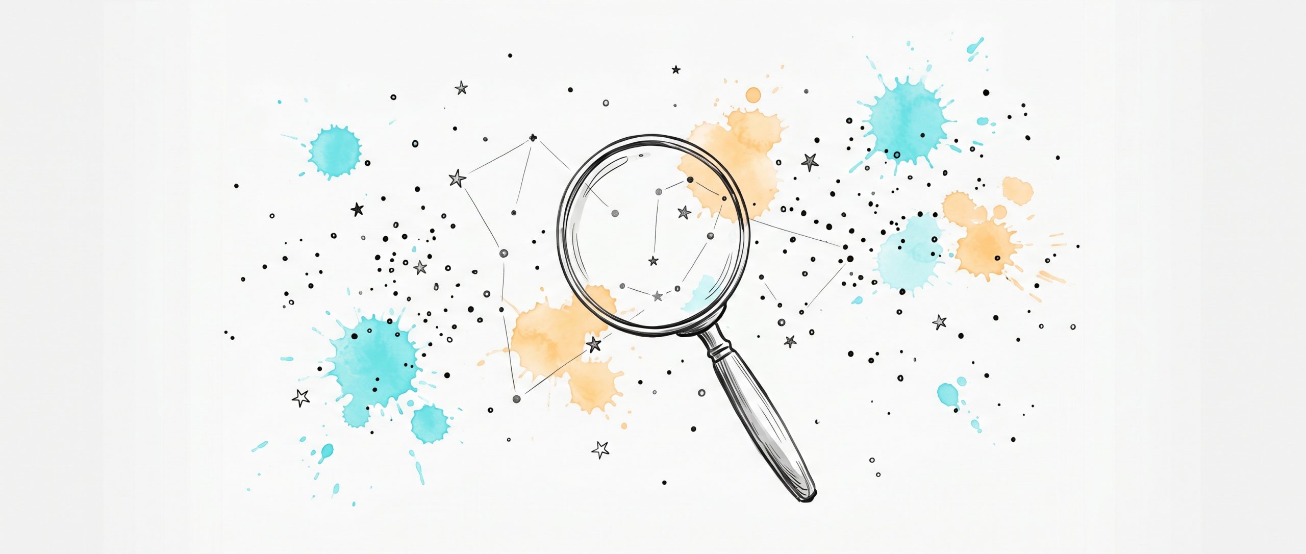 Hand-drawn ink illustration of a magnifying glass finding a faint constellation among scattered dots and stars, symbolizing apophenia and pattern recognition, with cyan and apricot watercolour splashes