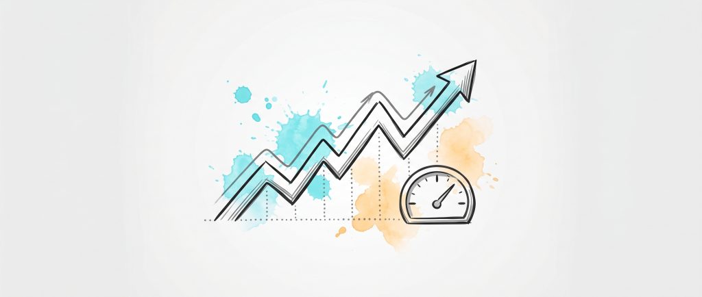 Hand-drawn ink illustration of an upward-trending arrow and a gauge over a dotted baseline, symbolizing measurable coaching benchmarks, with cyan and apricot watercolour splashes