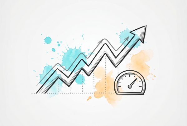Hand-drawn ink illustration of an upward-trending arrow and a gauge over a dotted baseline, symbolizing measurable coaching benchmarks, with cyan and apricot watercolour splashes