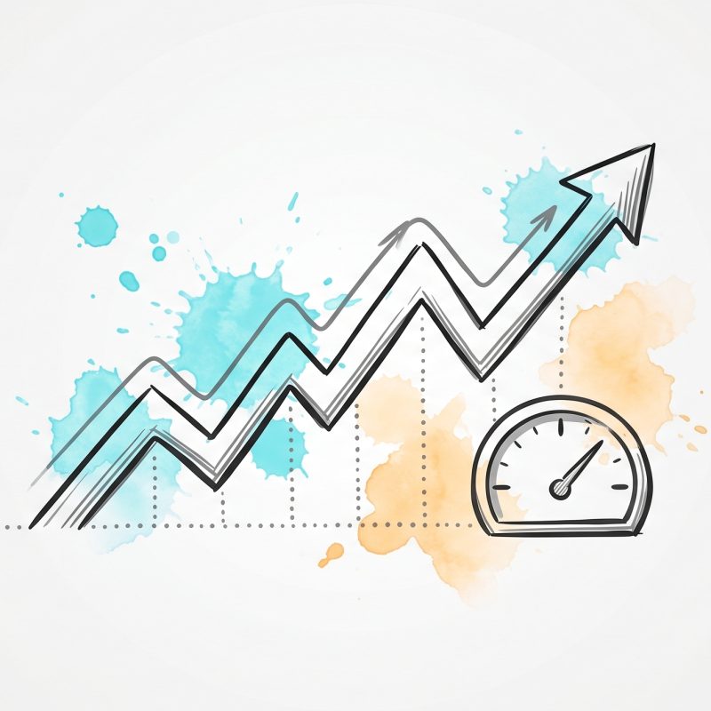Hand-drawn ink illustration of an upward-trending arrow and a gauge over a dotted baseline, symbolizing measurable coaching benchmarks, with cyan and apricot watercolour splashes
