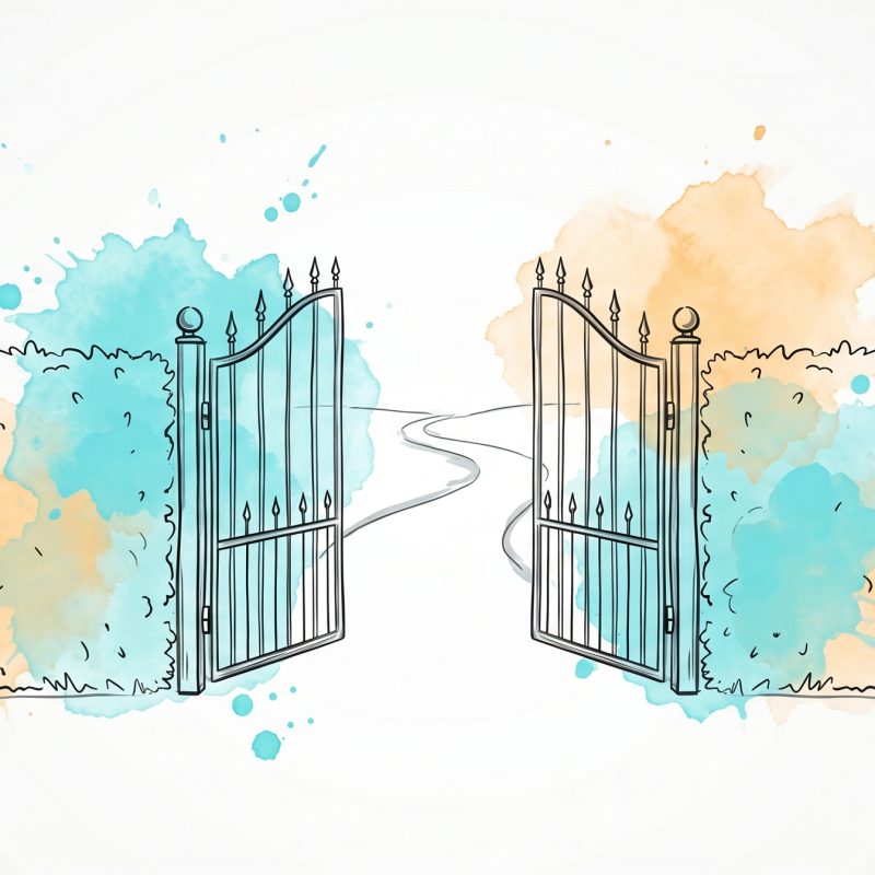 Hand-drawn ink illustration of an open garden gate in a hedge with a calm path through it, symbolizing healthy guilt-free boundaries, with cyan and apricot watercolour splashes