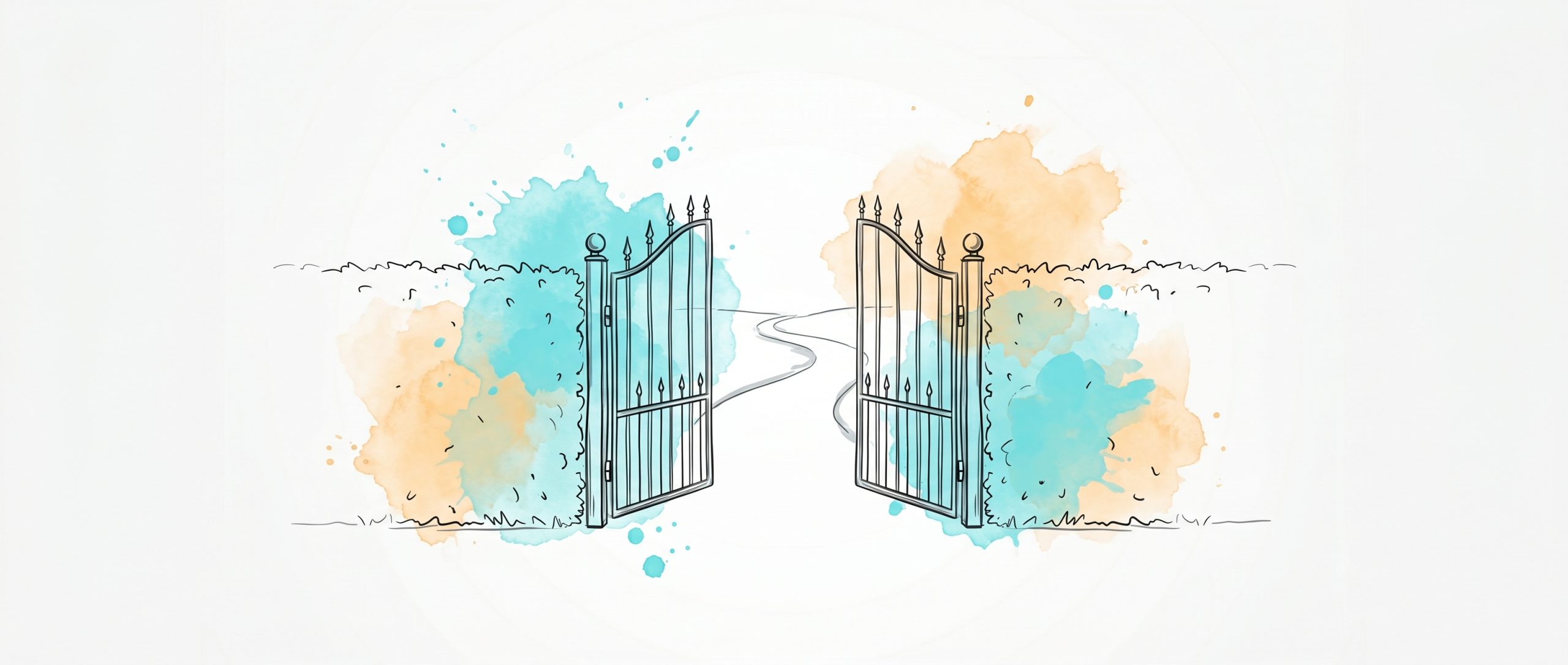 Hand-drawn ink illustration of an open garden gate in a hedge with a calm path through it, symbolizing healthy guilt-free boundaries, with cyan and apricot watercolour splashes