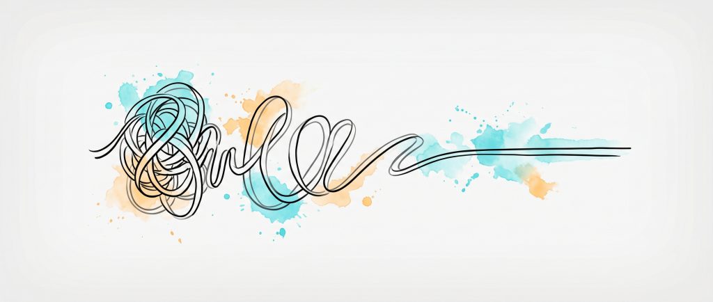 Hand-drawn ink illustration of a tangled anxious coil unwinding into a calm, level line, with soft cyan and apricot watercolour splashes — symbolizing coping skills settling anxiety