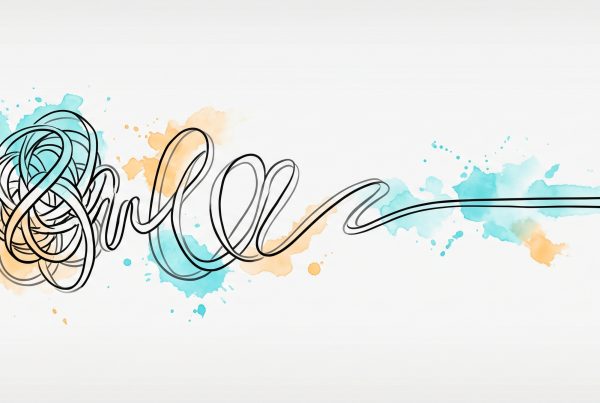 Hand-drawn ink illustration of a tangled anxious coil unwinding into a calm, level line, with soft cyan and apricot watercolour splashes — symbolizing coping skills settling anxiety