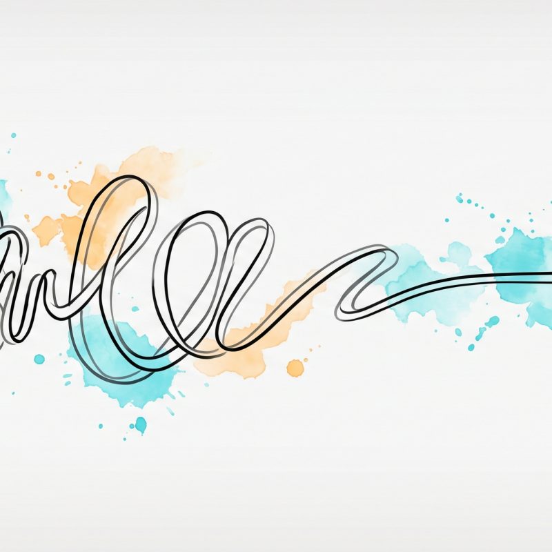 Hand-drawn ink illustration of a tangled anxious coil unwinding into a calm, level line, with soft cyan and apricot watercolour splashes — symbolizing coping skills settling anxiety