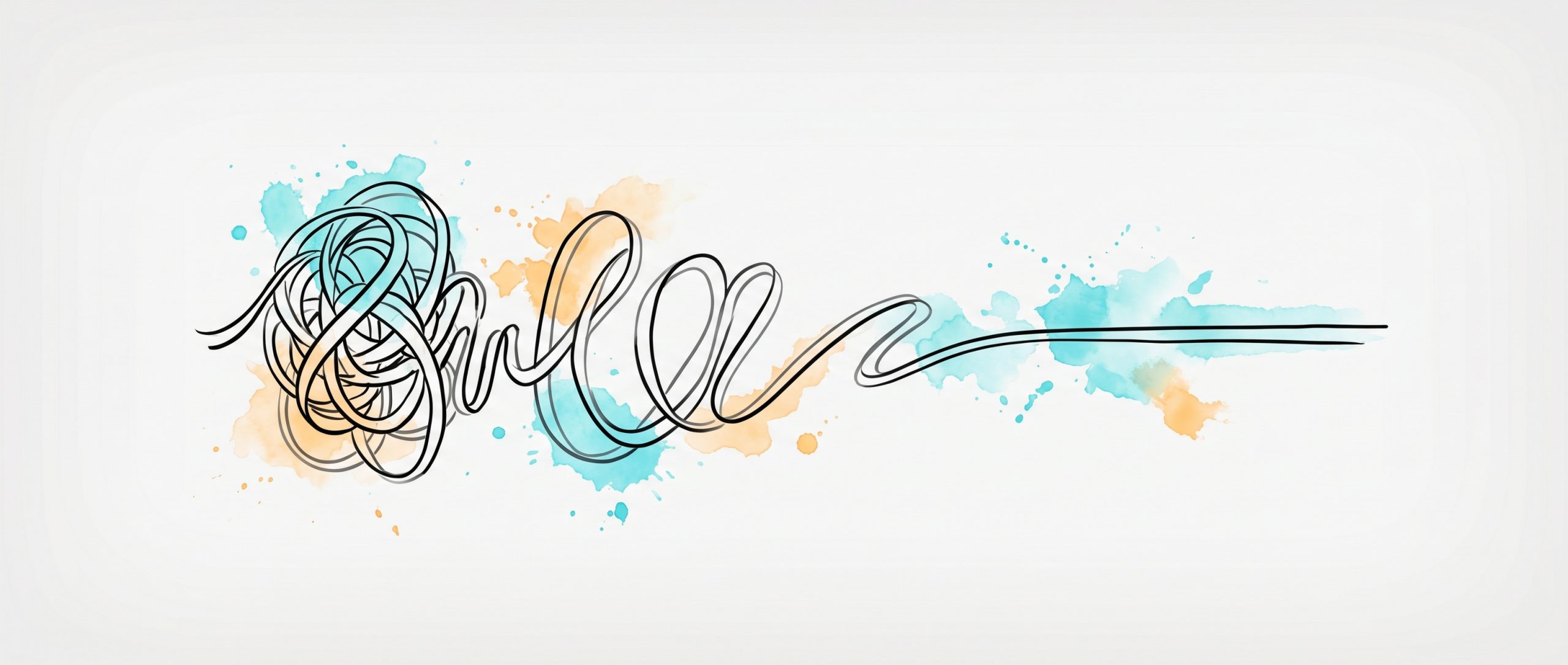Hand-drawn ink illustration of a tangled anxious coil unwinding into a calm, level line, with soft cyan and apricot watercolour splashes — symbolizing coping skills settling anxiety