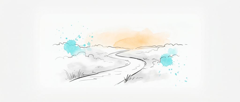 Hand-drawn ink illustration of a winding path leading out of soft fog toward a brighter clearing on the horizon, with cyan and apricot watercolour splashes
