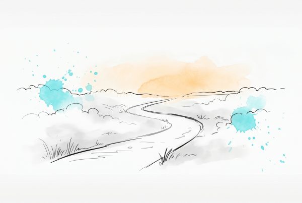 Hand-drawn ink illustration of a winding path leading out of soft fog toward a brighter clearing on the horizon, with cyan and apricot watercolour splashes
