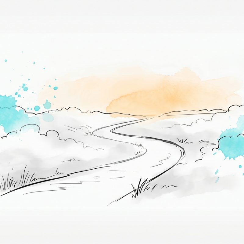 Hand-drawn ink illustration of a winding path leading out of soft fog toward a brighter clearing on the horizon, with cyan and apricot watercolour splashes