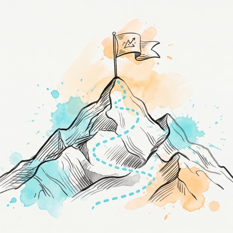 Hand-drawn ink illustration of a mountain peak with a summit flag and a winding cyan path, symbolizing personalized goal setting, with cyan and apricot watercolour splashes