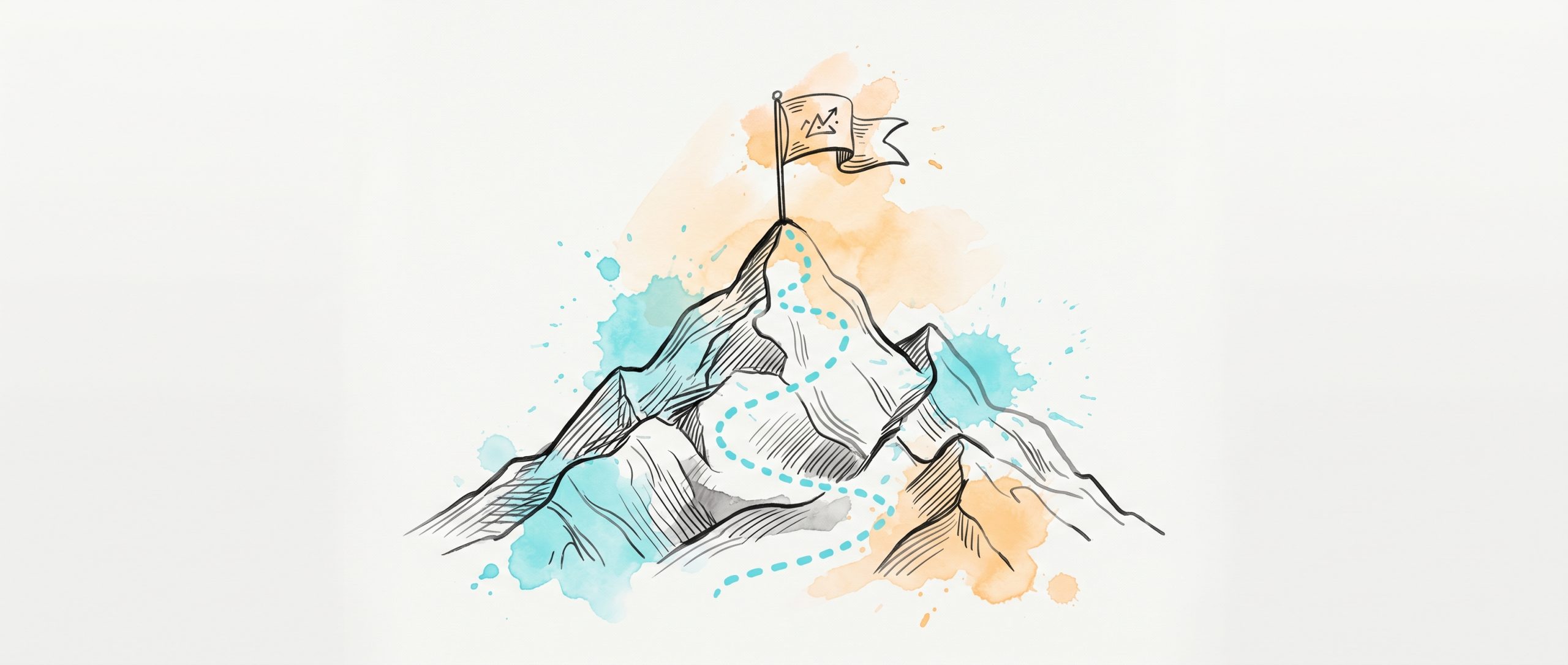 Hand-drawn ink illustration of a mountain peak with a summit flag and a winding cyan path, symbolizing personalized goal setting, with cyan and apricot watercolour splashes