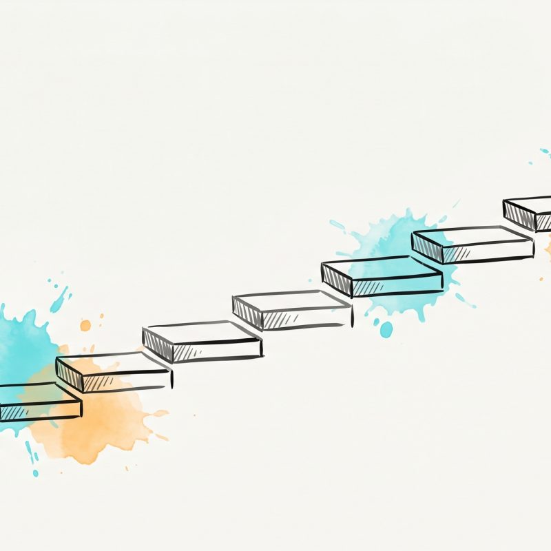 Hand-drawn ink illustration of stepping-stone stairs climbing to a cyan flag, symbolizing building a habit step by step, with cyan and apricot watercolour splashes