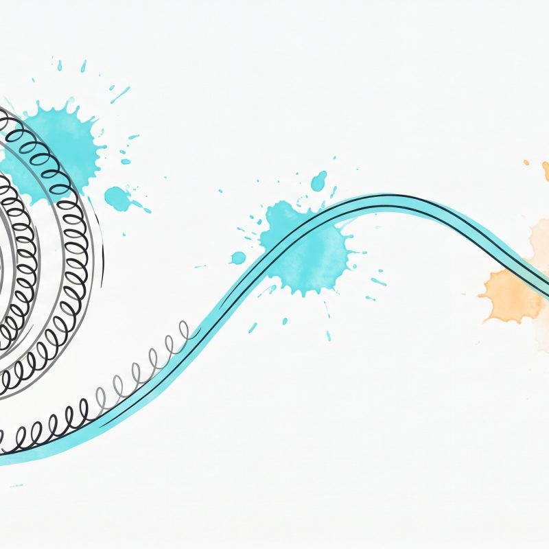 Hand-drawn ink illustration of a tight spiral coil easing into a calm flowing cyan curve, symbolizing relief from obsessive looping thoughts, with cyan and apricot watercolour splashes