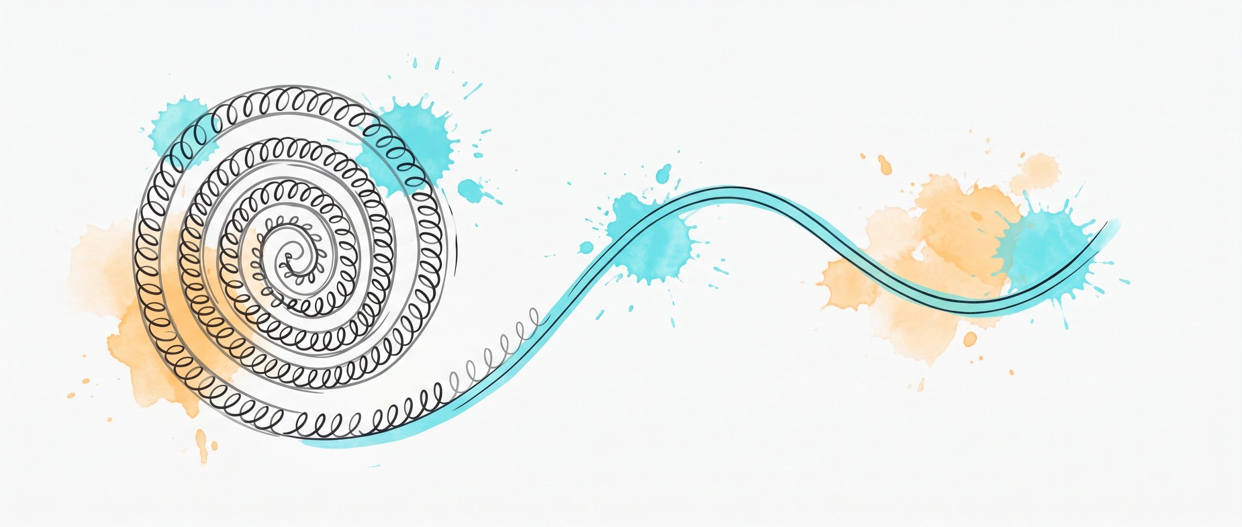 Hand-drawn ink illustration of a tight spiral coil easing into a calm flowing cyan curve, symbolizing relief from obsessive looping thoughts, with cyan and apricot watercolour splashes