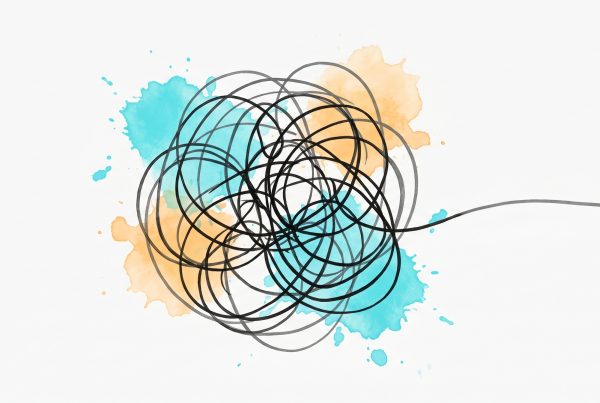 Hand-drawn ink illustration of a tangled loop of circular lines representing an overthinking, racing mind, with one strand releasing into a single calm straight line — symbolising stepping out of the rumination loop.