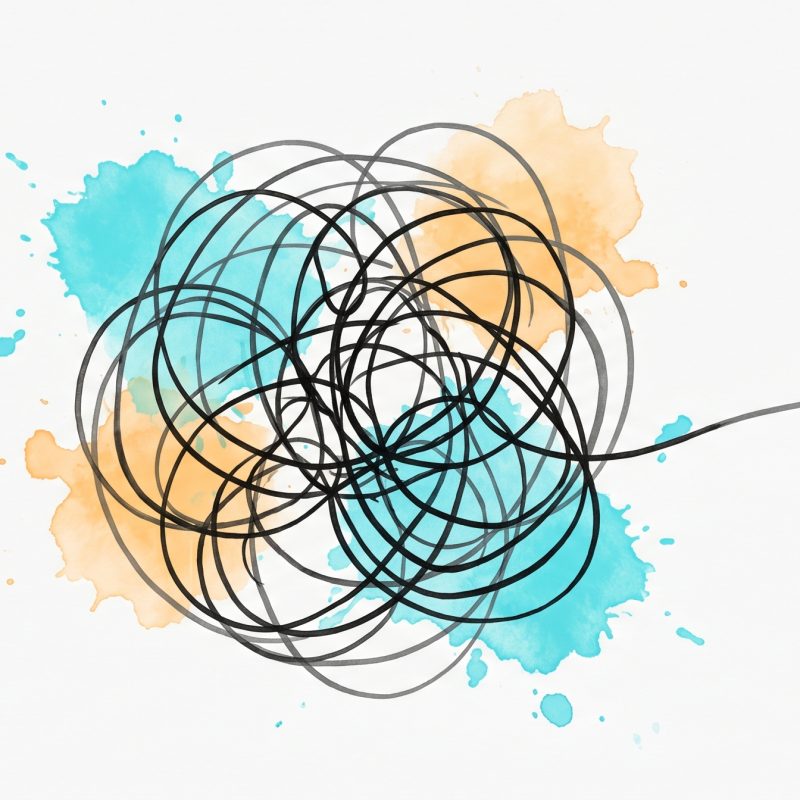 Hand-drawn ink illustration of a tangled loop of circular lines representing an overthinking, racing mind, with one strand releasing into a single calm straight line — symbolising stepping out of the rumination loop.