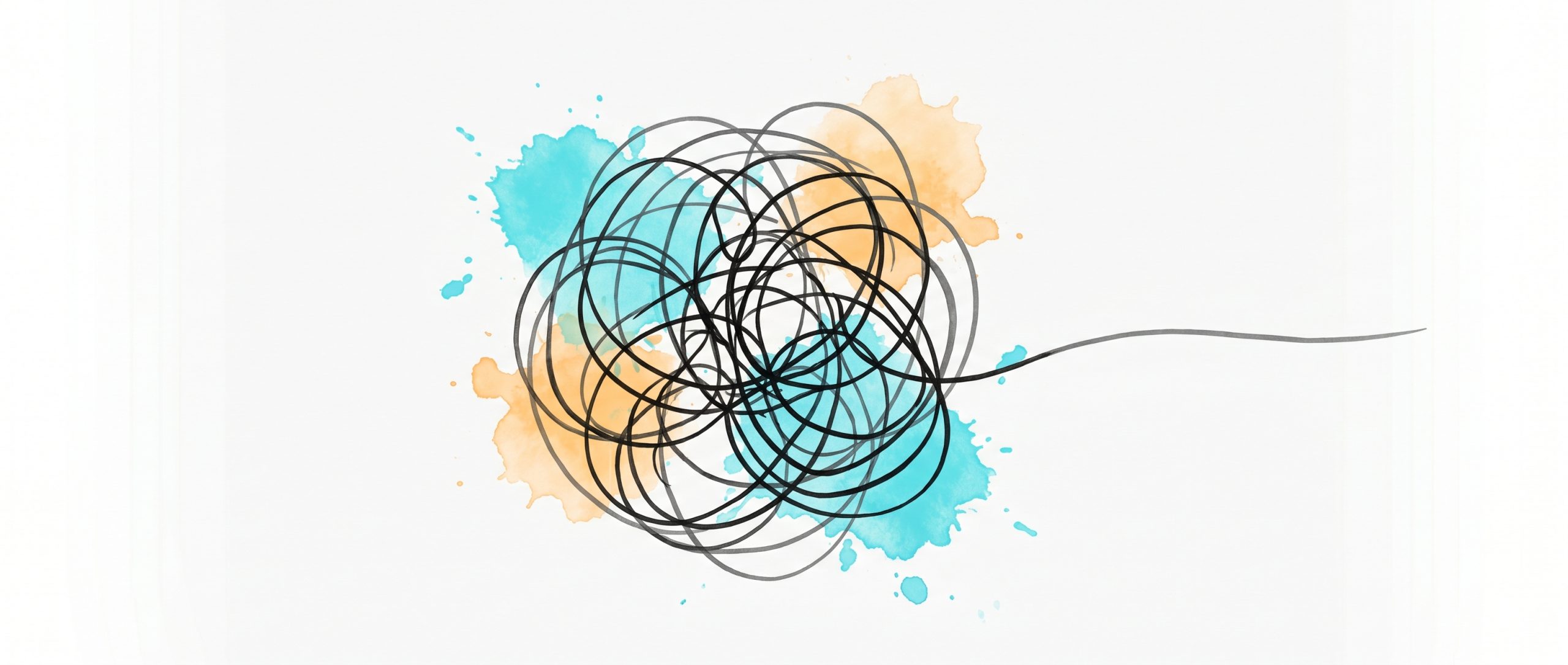 Hand-drawn ink illustration of a tangled loop of circular lines representing an overthinking, racing mind, with one strand releasing into a single calm straight line — symbolising stepping out of the rumination loop.