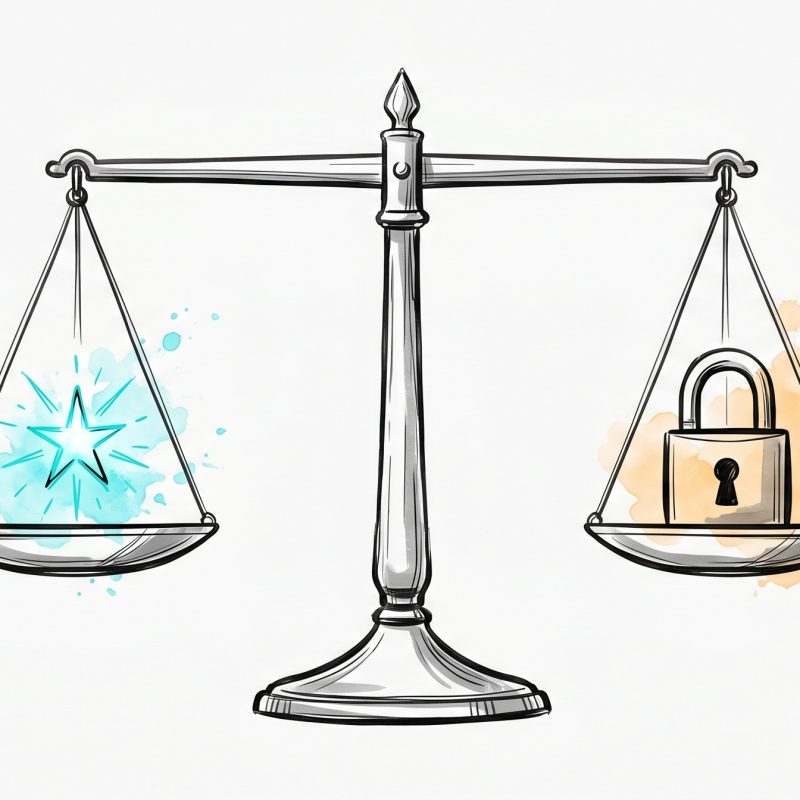 Hand-drawn ink illustration of a level balance scale holding a cyan spark and a padlock, symbolizing the balance between personalization and privacy, with cyan and apricot watercolour splashes