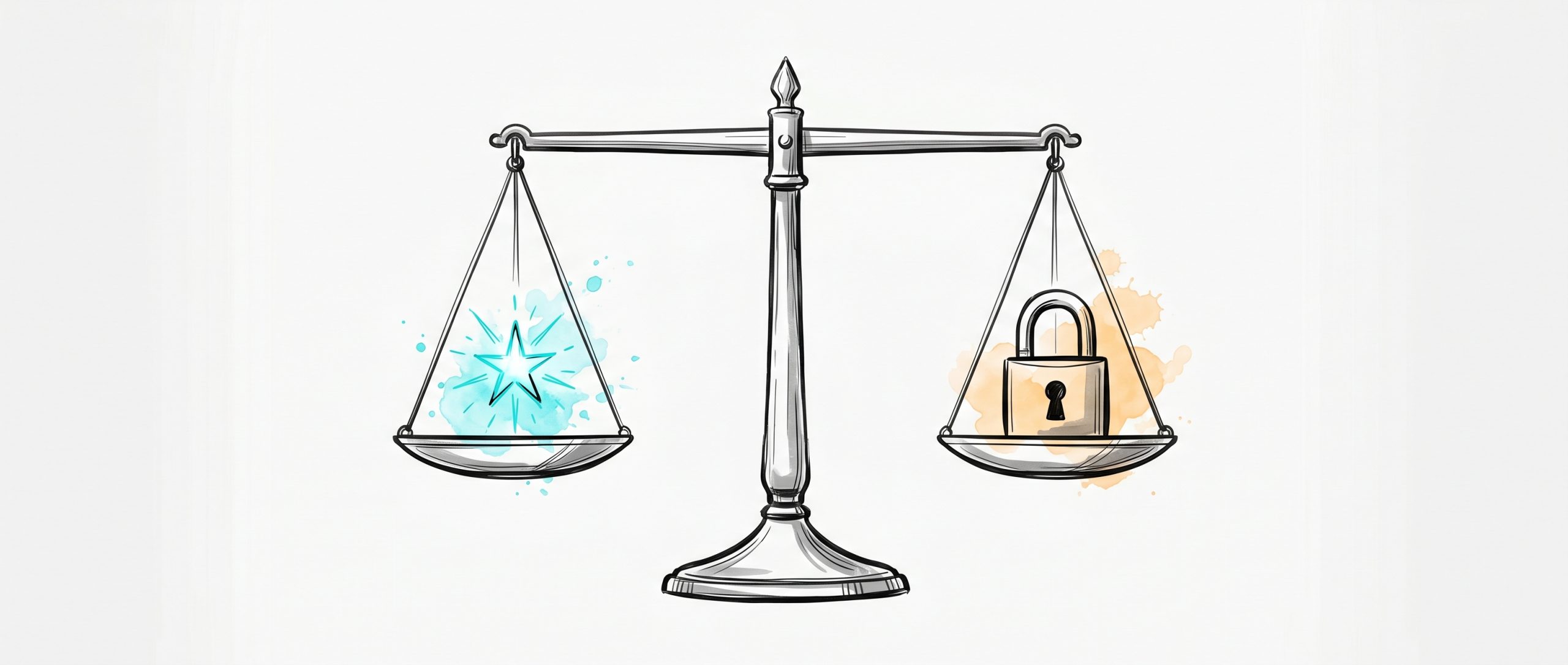 Hand-drawn ink illustration of a level balance scale holding a cyan spark and a padlock, symbolizing the balance between personalization and privacy, with cyan and apricot watercolour splashes