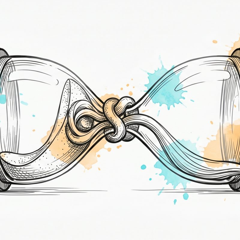 Hand-drawn ink illustration of a sideways hourglass whose tangled sand loosens into a forward-flowing stream, symbolizing momentum over procrastination, with cyan and apricot watercolour splashes