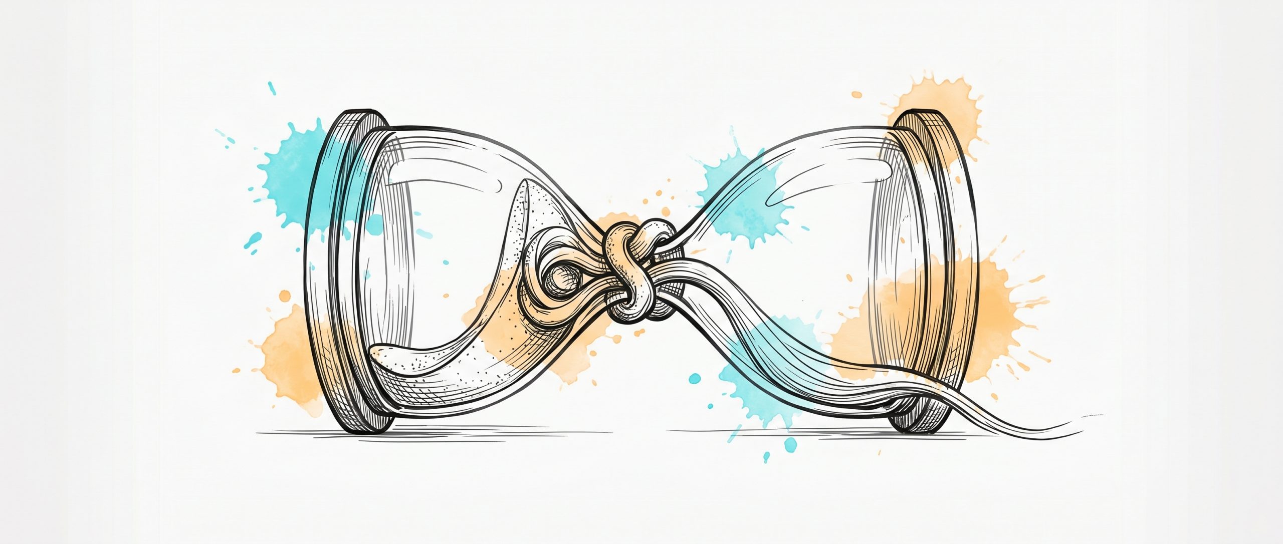 Hand-drawn ink illustration of a sideways hourglass whose tangled sand loosens into a forward-flowing stream, symbolizing momentum over procrastination, with cyan and apricot watercolour splashes