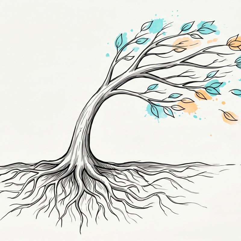 Hand-drawn ink illustration of a slender tree bending in the wind with deep roots, symbolizing workplace resilience, with cyan and apricot watercolour splashes
