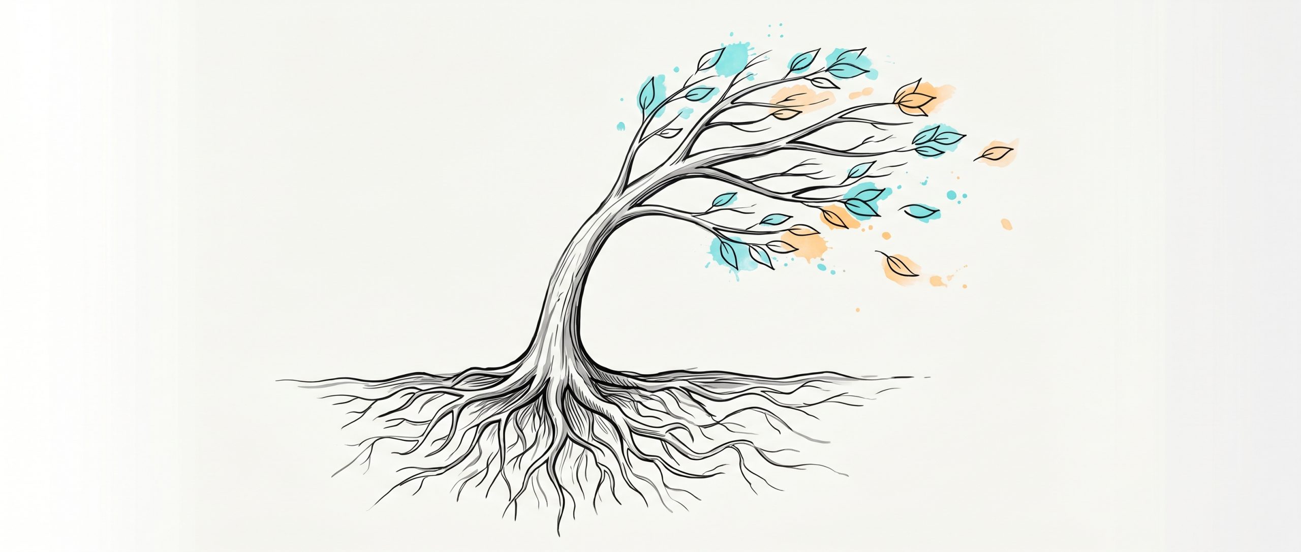 Hand-drawn ink illustration of a slender tree bending in the wind with deep roots, symbolizing workplace resilience, with cyan and apricot watercolour splashes
