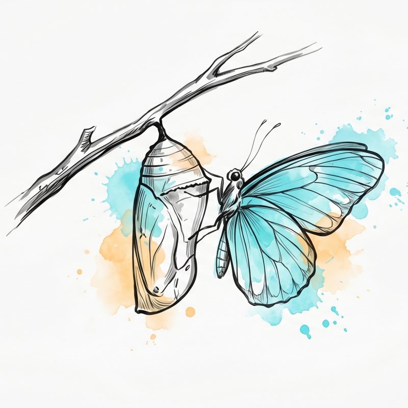 Hand-drawn ink illustration of a chrysalis on a branch with an emerging cyan-winged butterfly, symbolizing a life transition, with cyan and apricot watercolour splashes