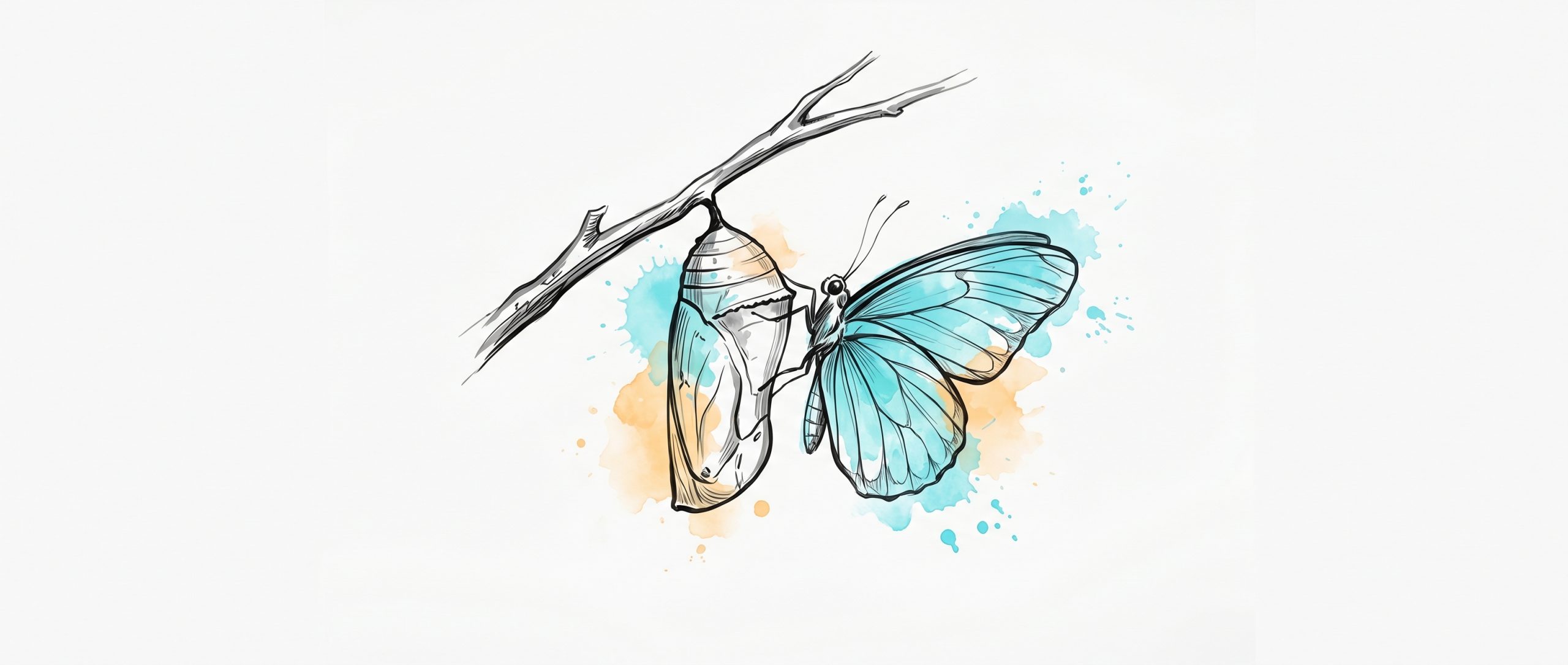 Hand-drawn ink illustration of a chrysalis on a branch with an emerging cyan-winged butterfly, symbolizing a life transition, with cyan and apricot watercolour splashes
