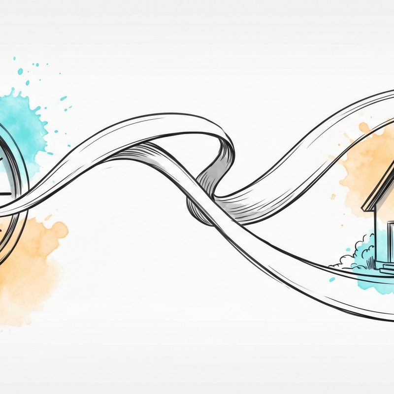 Hand-drawn ink illustration of a wall clock whose ribbon of time loops out to gently wrap a cosy home, with cyan and apricot watercolour splashes — balancing work hours and home life