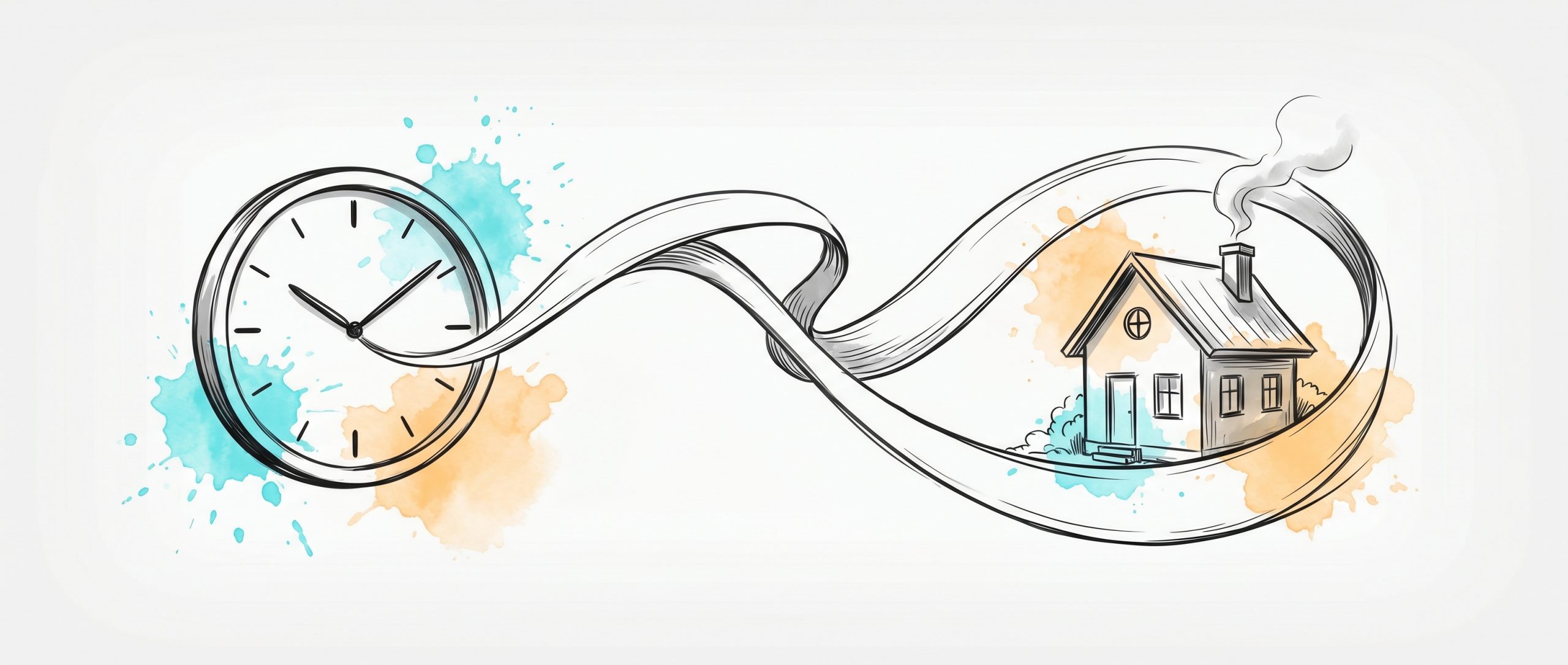 Hand-drawn ink illustration of a wall clock whose ribbon of time loops out to gently wrap a cosy home, with cyan and apricot watercolour splashes — balancing work hours and home life