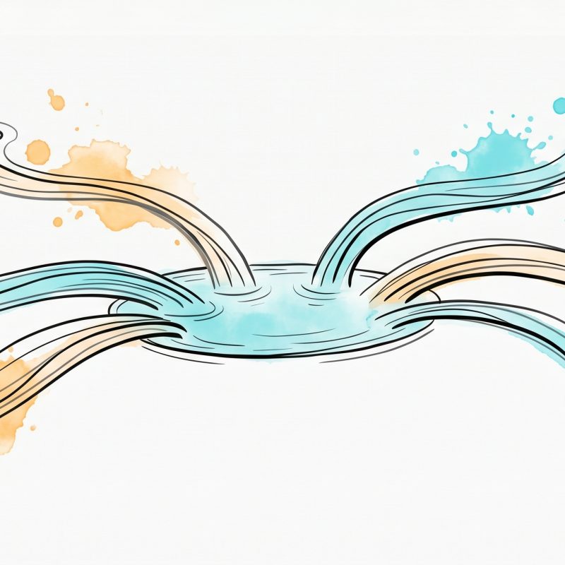 Ink-drawn illustration of several flowing streams of cyan and apricot arriving from different directions and converging into one calm shared central pool, symbolizing many languages meeting in one shared understanding
