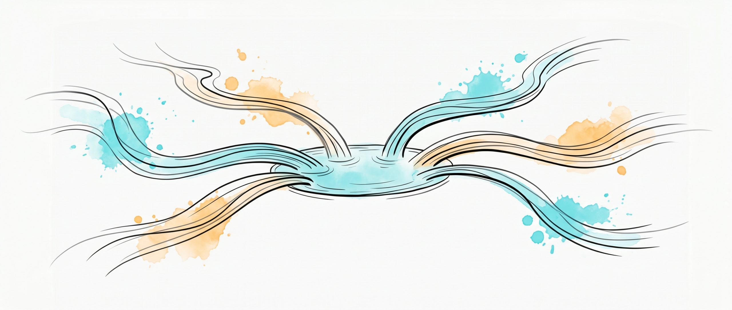 Ink-drawn illustration of several flowing streams of cyan and apricot arriving from different directions and converging into one calm shared central pool, symbolizing many languages meeting in one shared understanding