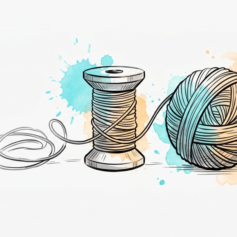 Hand-drawn editorial illustration: a thread winding turn by turn around a spool and building into a solid ball, with soft cyan and apricot watercolour splashes — small repeated actions compounding into a lasting habit