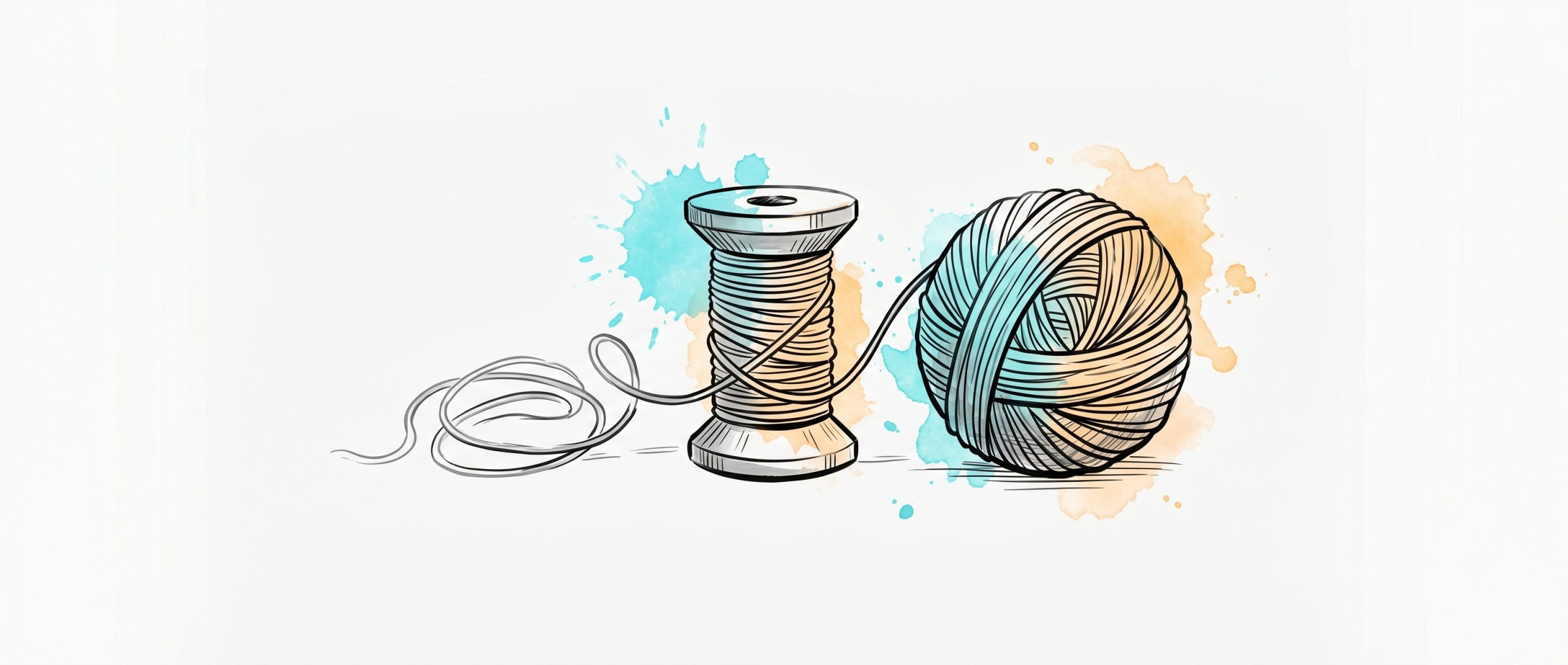 Hand-drawn editorial illustration: a thread winding turn by turn around a spool and building into a solid ball, with soft cyan and apricot watercolour splashes — small repeated actions compounding into a lasting habit