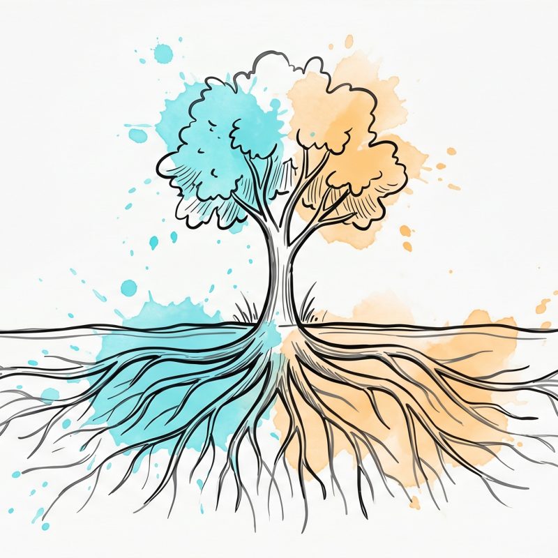 Hand-drawn ink illustration of a small tree with a wide, deep network of roots spreading beneath the soil, with soft cyan and apricot watercolour splashes — symbolizing self-esteem resting on a deep, steady foundation
