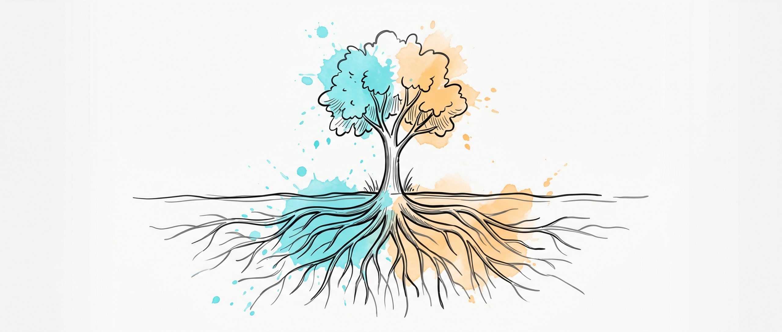 Hand-drawn ink illustration of a small tree with a wide, deep network of roots spreading beneath the soil, with soft cyan and apricot watercolour splashes — symbolizing self-esteem resting on a deep, steady foundation