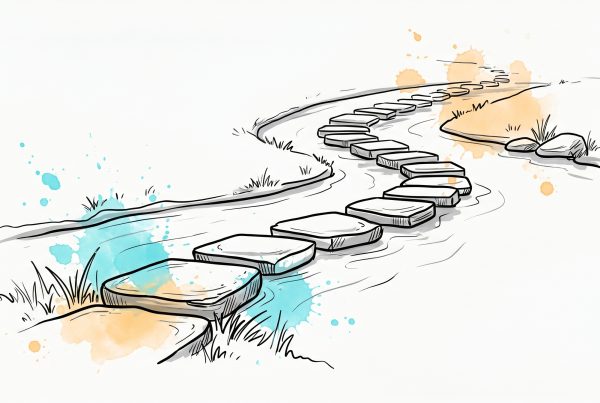 Hand-drawn illustration of stepping stones forming a winding path across a stream from one bank to another, symbolizing a step-by-step career change