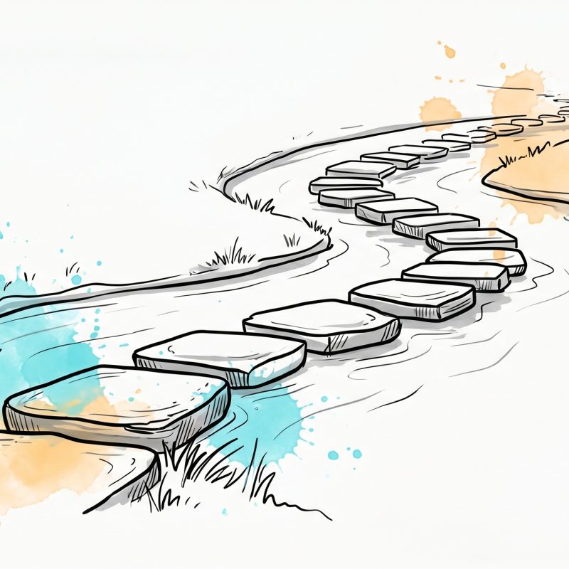 Hand-drawn illustration of stepping stones forming a winding path across a stream from one bank to another, symbolizing a step-by-step career change